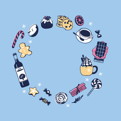 Hand drawn Christmas frame on blue background. Creative Holidays ink art work. Actual vector doodle drawing