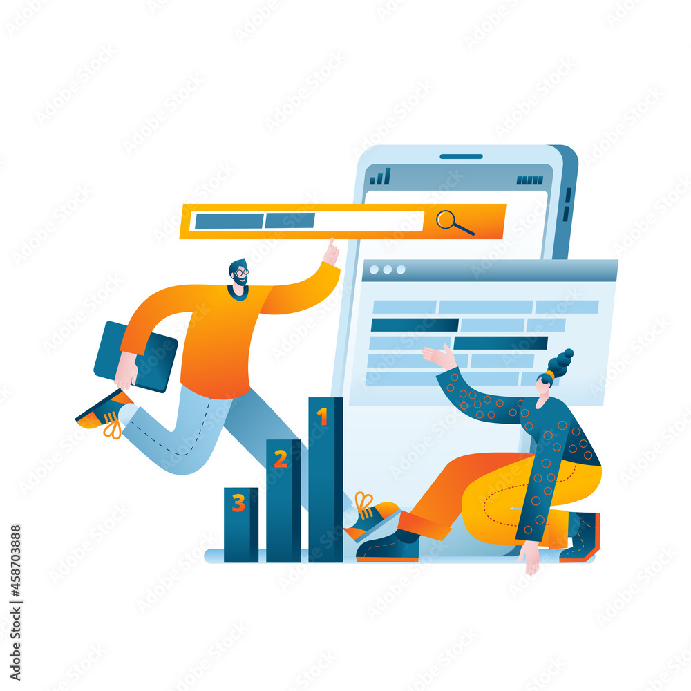 Poster the seo team is working on the selection of keywords for website promotion in search engines. vector