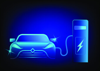 Electric car at the charging station, electric car silhouette with blue glowing on dark background,  Vector illustration