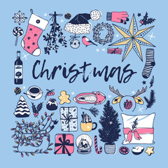 Hand drawn Christmas illustration. Creative ink art work. Actual cozy vector drawing. Winter set of Holidays things, accessories, decoration, food, drinks