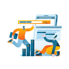 The SEO team is working on the selection of keywords for website promotion in search engines. Vector illustration on the topic of SEO and website promotion on the Internet.