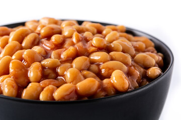 White beans in tomato sauce in bowl isolated on white background	