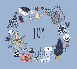 Hand drawn Christmas illustration frame. Creative ink art work. Actual cozy vector drawing. Winter set of Holidays things, accessories, decoration, food, drinks