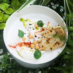 Traditional labne cheese with chickpea and pita bread