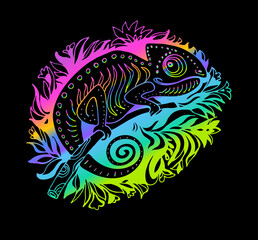 Doodle Rainbow Stylized Chameleon Isolated on Black Background. Hand Drawn Reptile Vector Illustration in Cartoon Style. Sketch for Tattoo or Print. Tropical Animal Collection. 