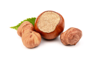 Ripe filbert and green leaves isolated on white