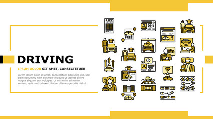 Driving School Lesson Landing Web Page Header Banner Template Vector. Driving School Educational Material And Test, Diagonal And Parallel Parking Teach Instructor Illustration