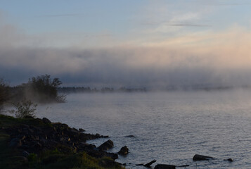 Early morning mist on Keweenaw Bay at Baraga Michigan in mid-September