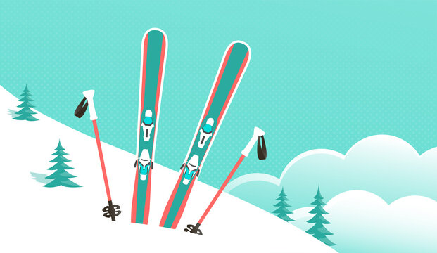 Ski winter resort. Mountain skiing on the top of the mountain. Vector cartoon illustration banner