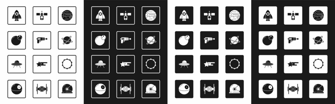 Set Planet, Ray gun, Rocket ship, Satellites orbiting the planet, Sun and UFO flying spaceship icon. Vector