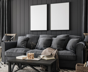 Frame mockup in black farmhouse living room interior, 3d render