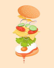 Vegetarian burger with flying ingredients such as egg, ketchup, lettuce, tomato, cucumber, onion, sauce and cheese. Flat illustration of fast food burger for poster, advertisement, menu, web.
