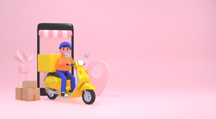 Cheerful courier on yellow scooter, fast food delivery. Modern 3d render