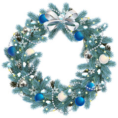 Vector Christmas Blue Fir Wreath with Bow