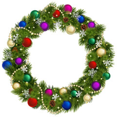Fototapeta na wymiar Vector Christmas Wreath with Colorful Baubles