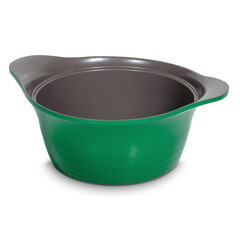 Green ceramic pot without lid on white background