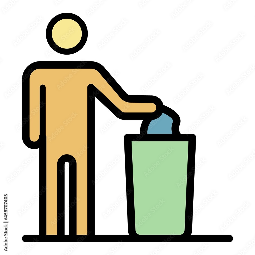 Poster man throws garbage into cart icon. outline man throws garbage into cart vector icon color flat isola
