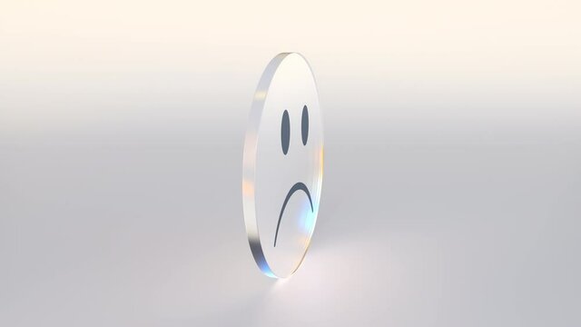 Pound sterling sign and sad smiley on the sides of a spinning coin or token, bad investment conceptual looping 3d animation
