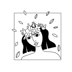 Girl flower line portrait. Beautiful pretty female face with blossoms, lady smiling, card or poster. Spring and summer woman. Attractive people vector black and white illustration