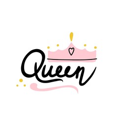 Queen crown. Hand drawn cartoon cute kids print or poster, nursery or t-shirt design element, baby girl, luxury royal symbol vector isolated illustration