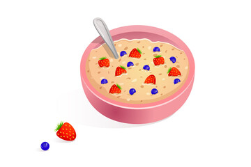 Oatmeal for breakfast with blueberries and strawberries in a pink plate. Illustration of cereal with berries on a white background. Flat design style. The concept of proper nutrition