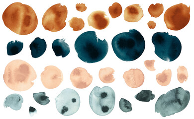 Brown, blue, blush and grey watercolor stains isolated on white background