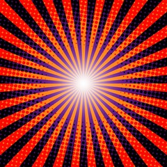 Orange and purple Sunburst Pattern Background. Rays. Sunburst background. Vector illustration. Orange and purple radial Halloween background. Halftone background.