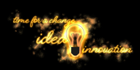 Lightbulbs with idea - innovation - time for a change - concept - illuminated lightbulb and lettering