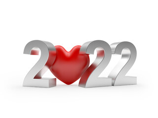 Number 2022 New Years with red heart icon isolated on white background. 3D illustration 