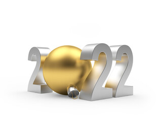 Number 2022 with golden christmas ball isolated on white background. 3D illustration 