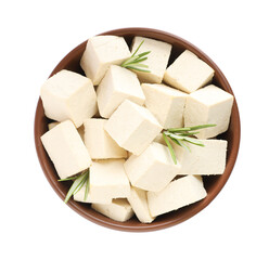 Bowl with delicious tofu and rosemary isolated on white, top view