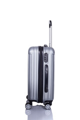 Modern suitcases for travelling on white background