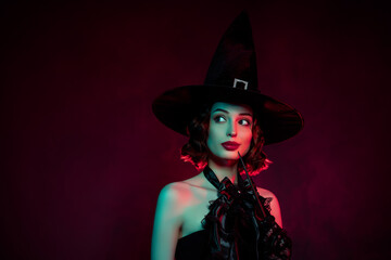 Photo of cruel evil mysterious woman wear gothic witch dress headwear looking back empty space...