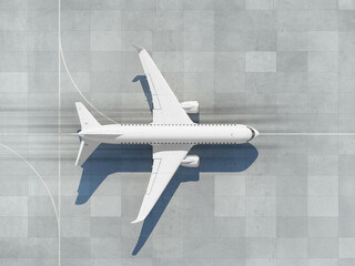 Airplane on runway ready to takeoff. Top view, 3d render.