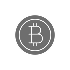 Hand with bitcoin coin, cryptocurrency grey icon.