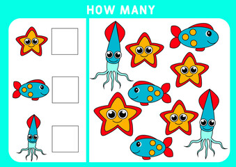 Counting Game for Preschool Children. Educational a mathematical game. Subtraction worksheets. How many objects task. Learning mathematics, numbers, addition theme