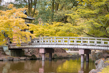 Wooden bridge in the autumn park, Japan autumn season, Kyoto.