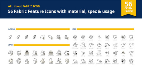 CORN Fabric Feature Icons with material, spec, and usage	

