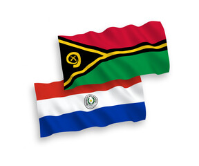 National vector fabric wave flags of Republic of Vanuatu and Paraguay isolated on white background. 1 to 2 proportion.