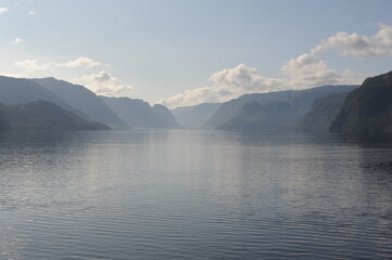 Dramatic panorama of Lysefjord (Lysefjorden) fjord canyon landscape in Norway on a cloudy day in summer 