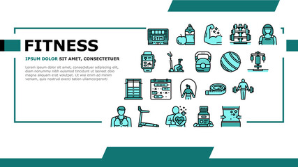 Fitness Health Athlete Training Landing Web Page Header Banner Template Vector. Sportsman Equipment For Make Muscle Exercise And Fitness Bracelet Gadget, Barbell Rack And Dumbbell Tool Illustration