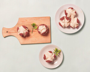Steamed cake or steamed chocolate cake. This cake has a soft and sweet texture. Indonesian cake. Market snacks. Steamed cakes can be a substitute for bread for breakfast. Snack mockup. Focus blur.