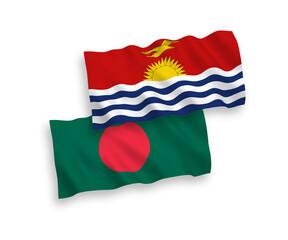 National vector fabric wave flags of Republic of Kiribati and Bangladesh isolated on white background. 1 to 2 proportion.