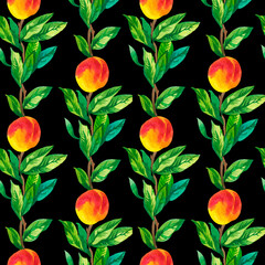 Watercolor Seamless Pattern with Orange Peaches,leaves on black isolated background doodle style.Fruits print  hand drawn.Designs for wrapping paper,fabric,scrapbook paper,textiles,packaging,wallpaper