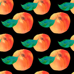 Watercolor Seamless Pattern with Orange Peaches,leaves on black isolated background doodle style.Fruits print  hand drawn.Designs for wrapping paper,fabric,scrapbook paper,textiles,packaging,wallpaper