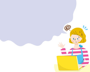 パソコンを使う困った顔の白人女性と吹き出し