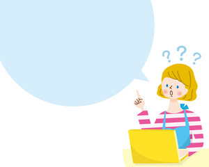 疑問を抱く若い白人女性と吹き出しのイラスト