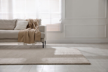 Stylish soft carpet on floor in living room, space for text