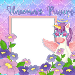 Fototapeta na wymiar Empty banner with cute pegasus cartoon character on pastel mermaid scales