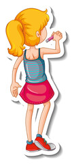Sticker template with behind of a girl cartoon character isolated